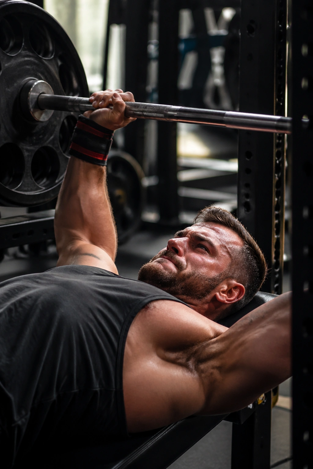 Lifter on bench press achieving a rep max with back-off sets