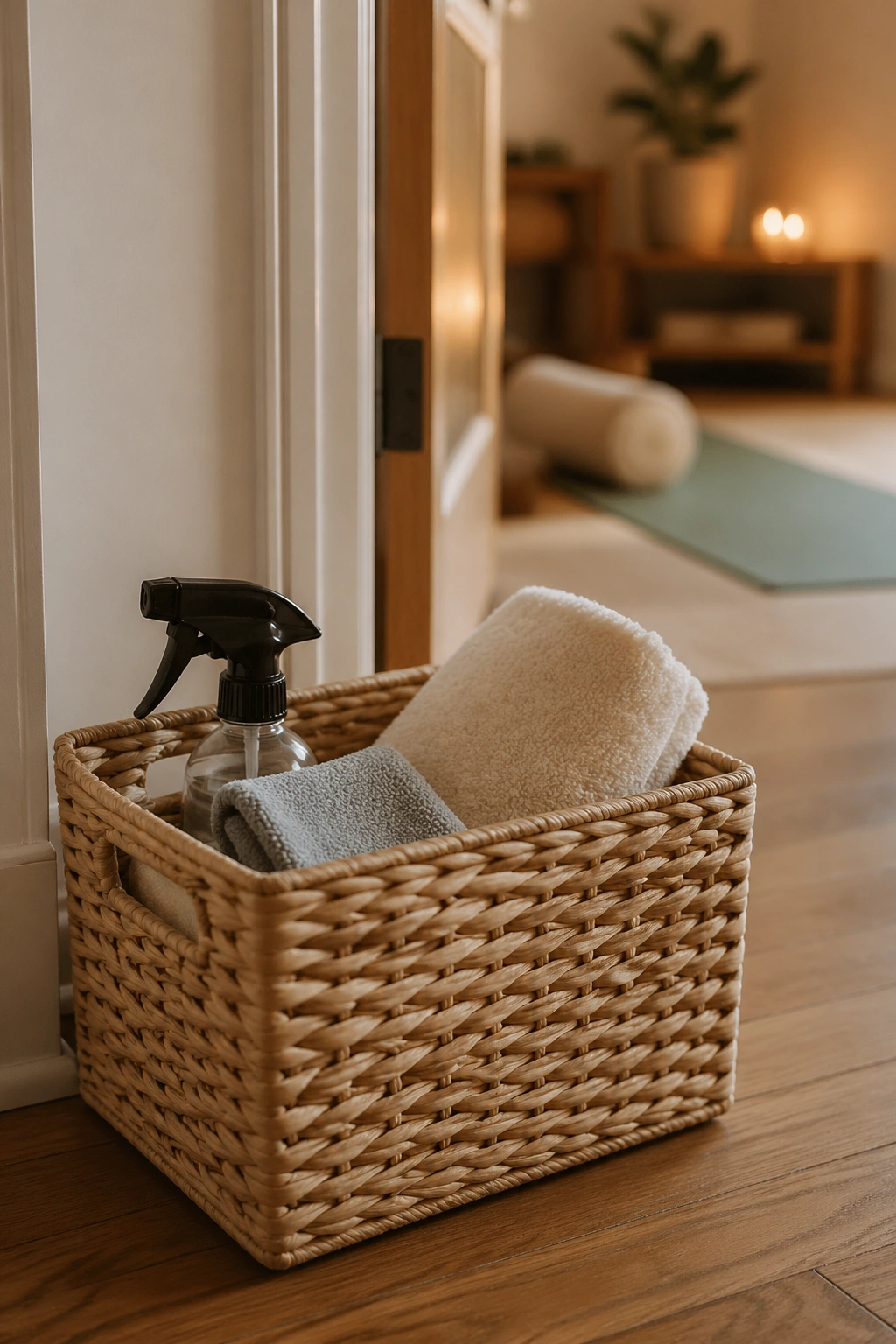 Close-up of a reset basket with cloth, spray bottle, and towel near a doorway in a yoga room