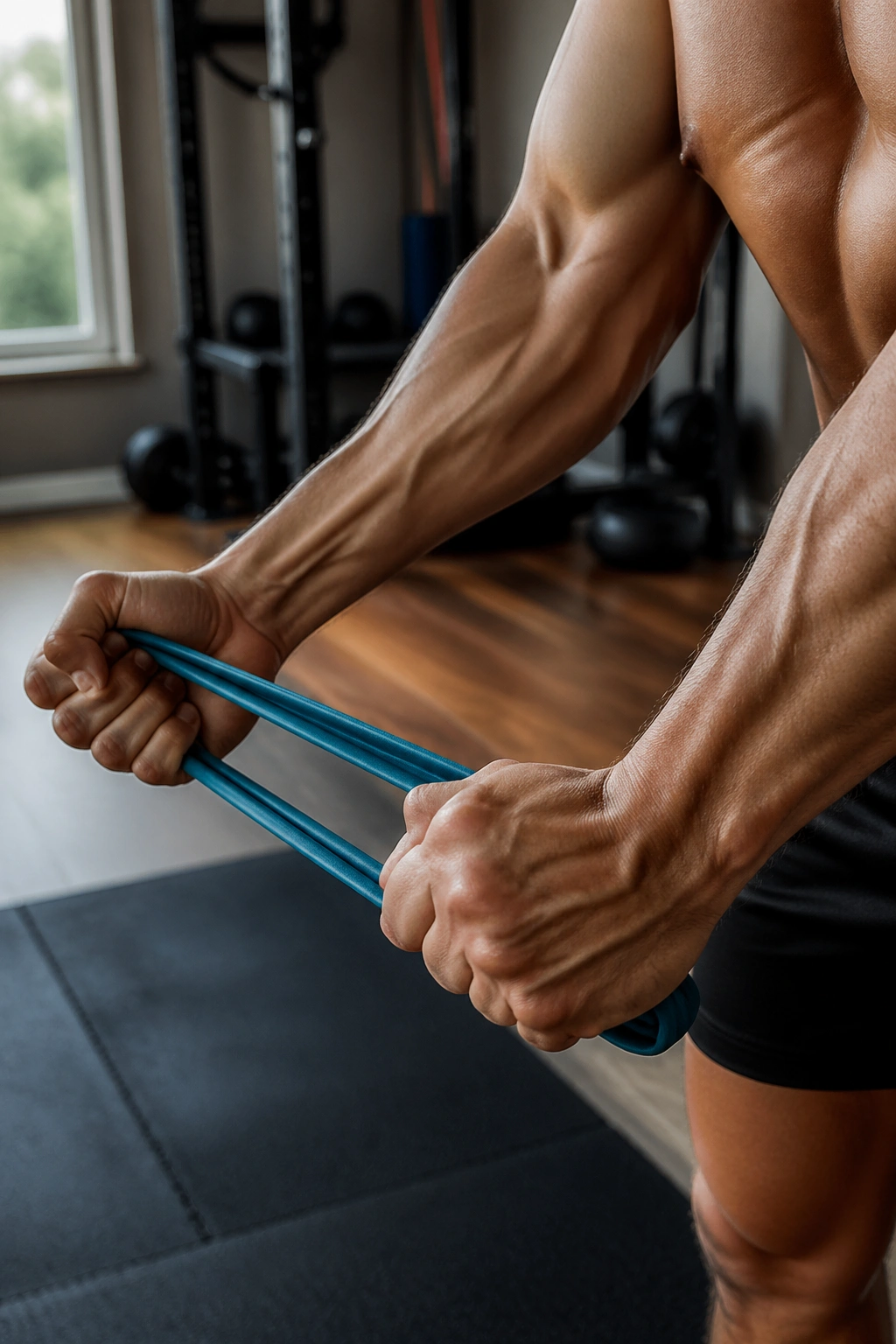 Close up of hands pulling a resistance band in a home gym