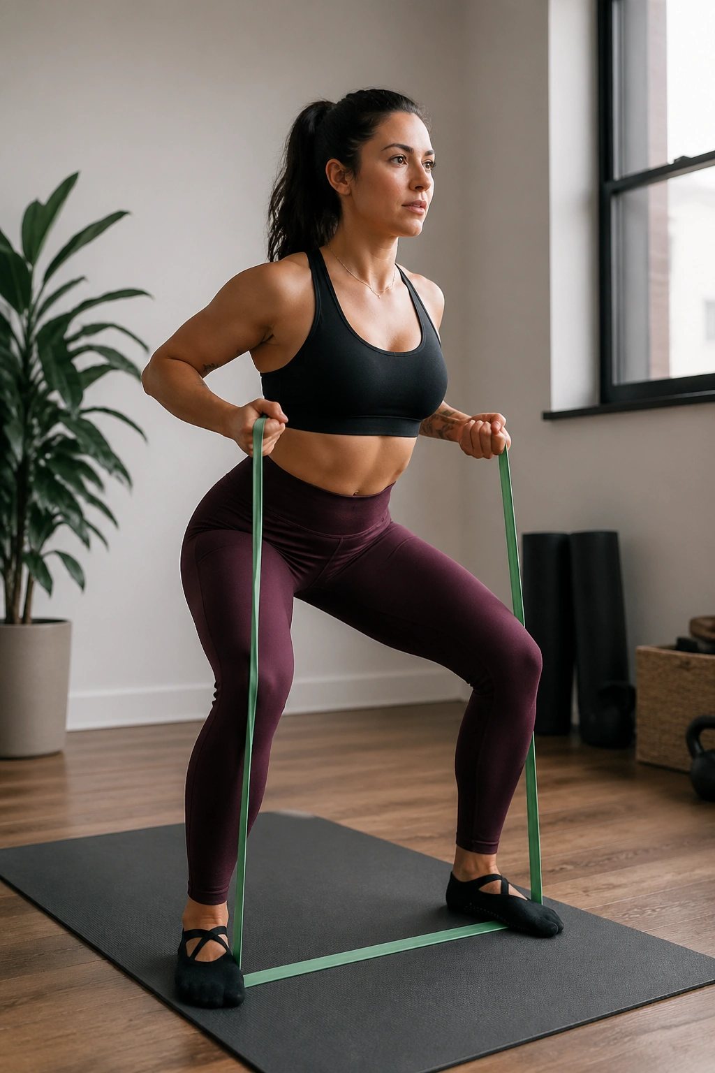 Full-body shot of a person standing on a loop band performing squats with a row