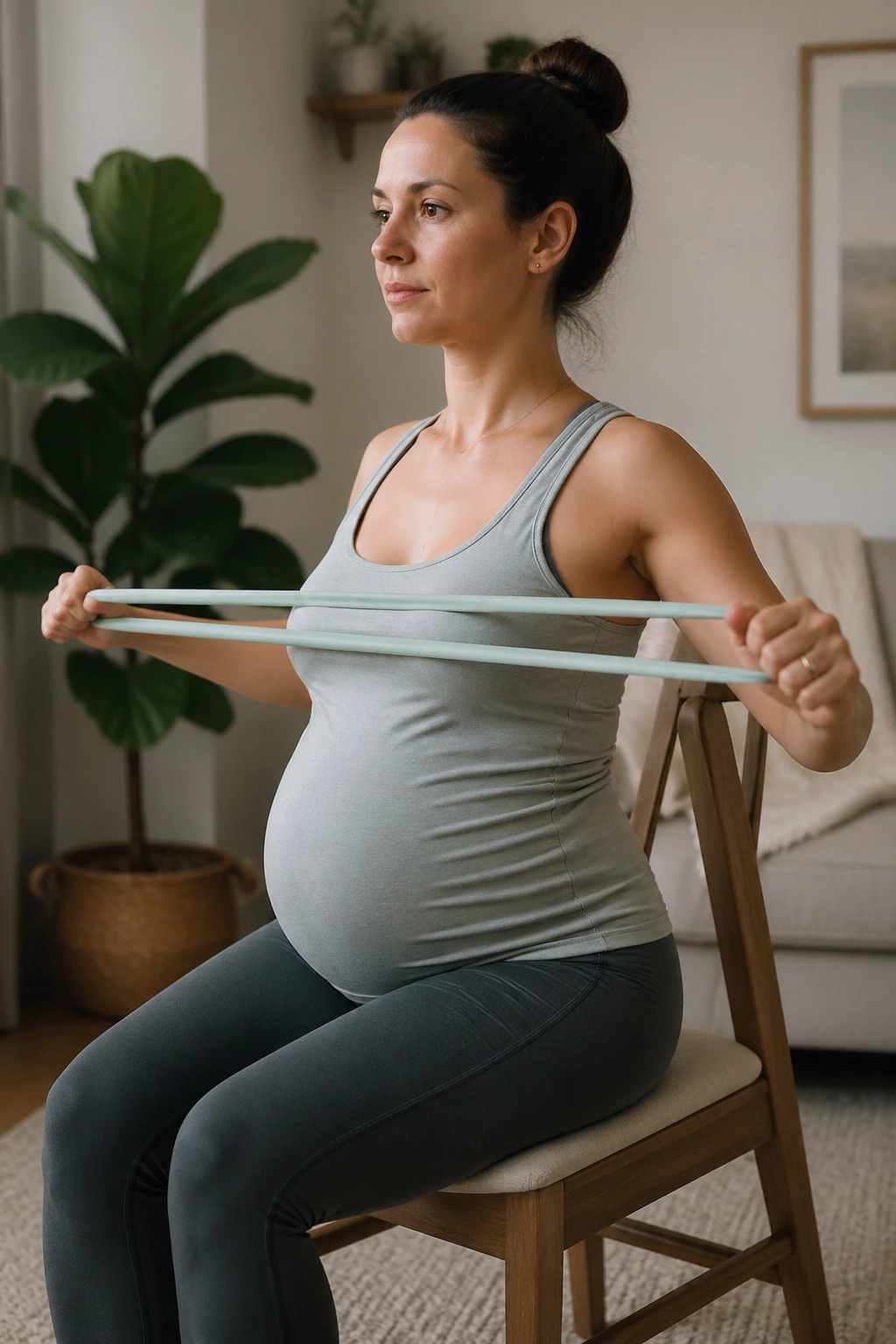 Pregnant woman using a light resistance band to improve upper back posture