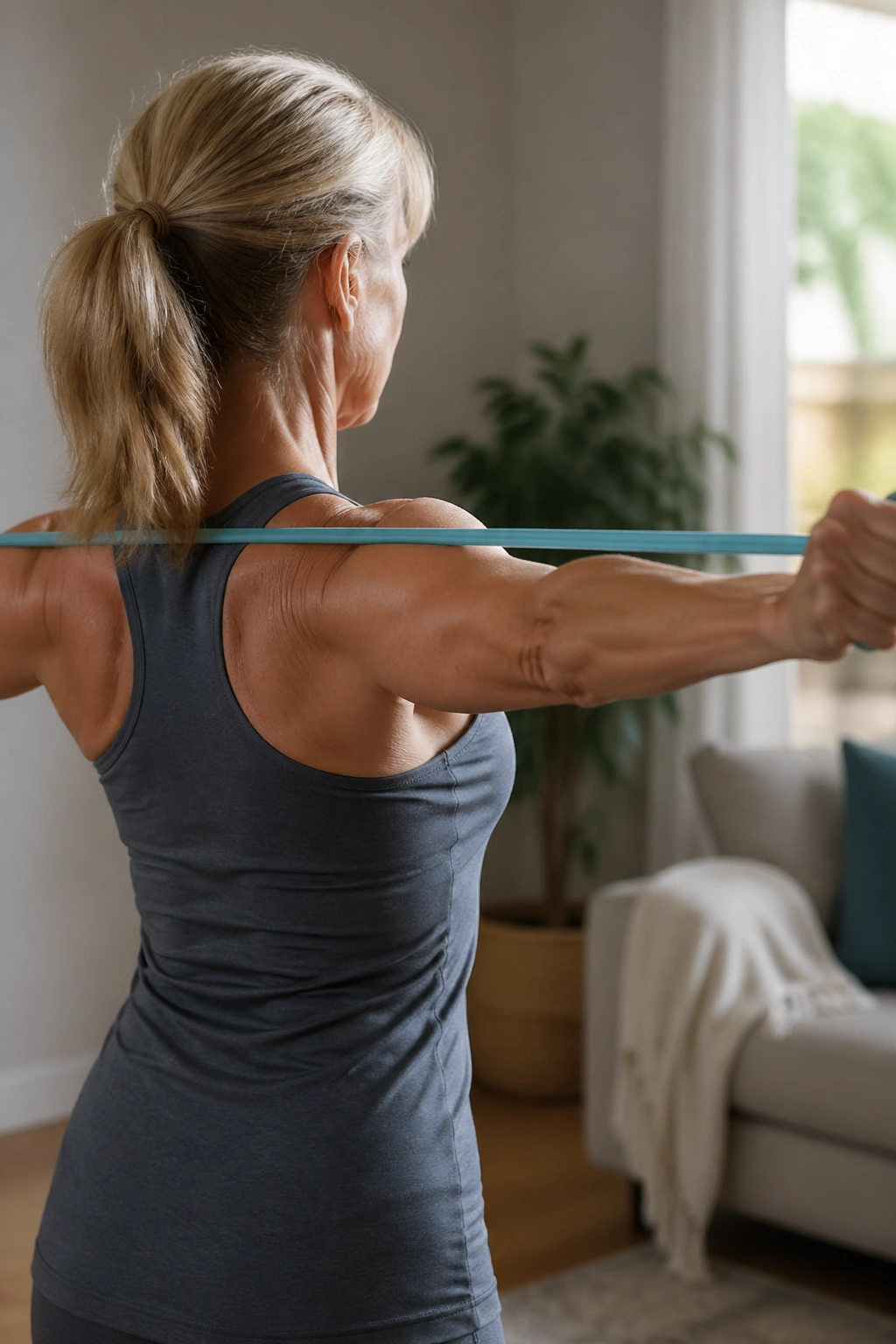 Front view of a person performing resistance-band pull-aparts with controlled movement