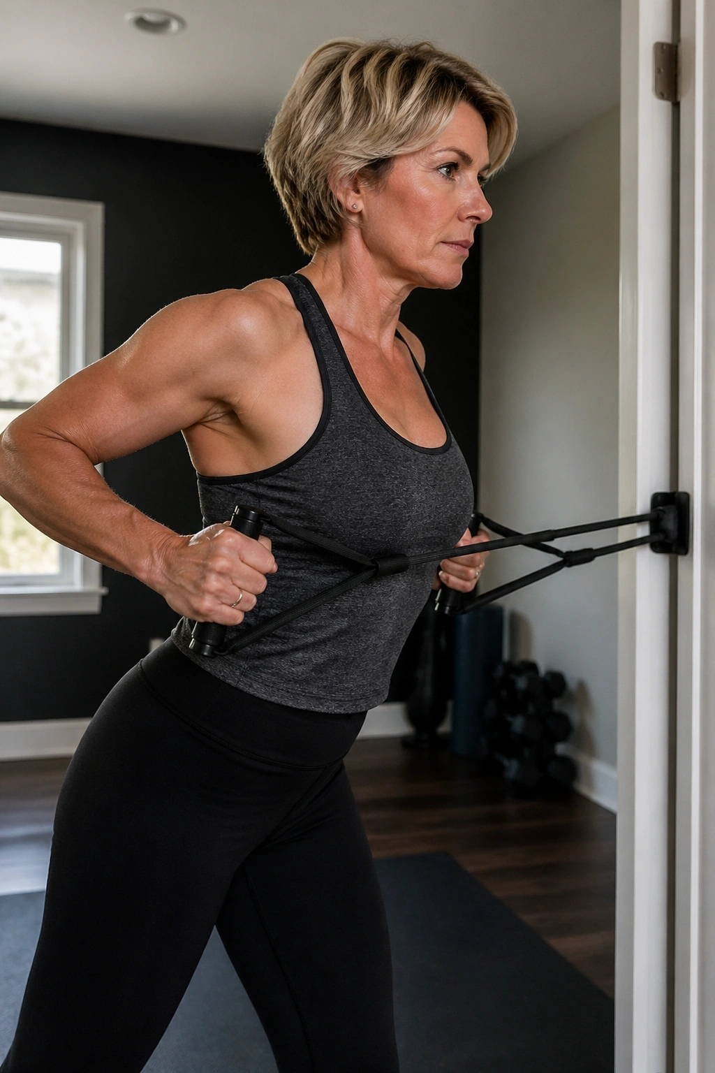Close-up of a person performing resistance band rows with a doorway anchor, back engaged