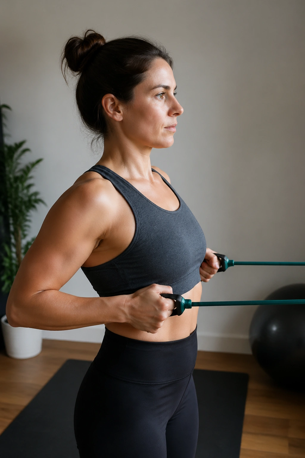 Person using a light resistance band performing rows and arm work in a home gym
