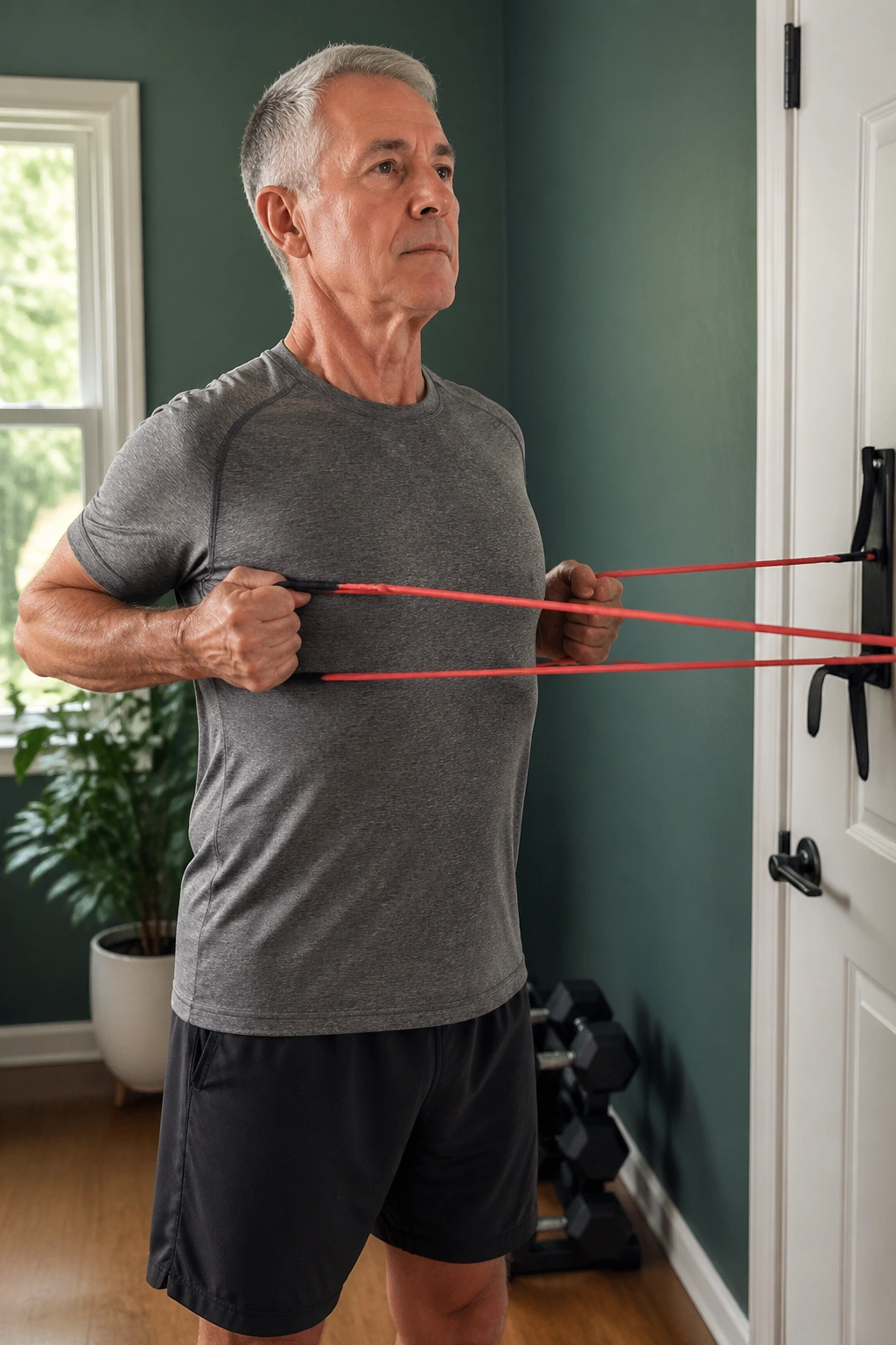 Resistance band row focusing on upper back posture