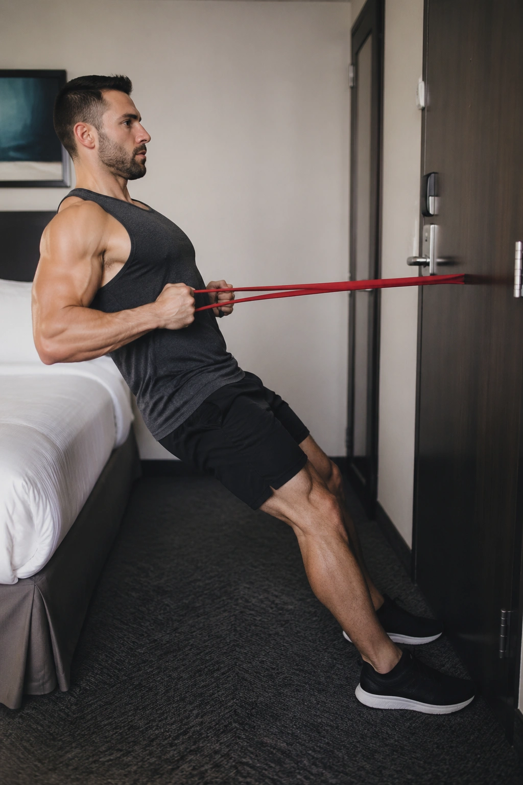 Person using resistance band in small hotel room