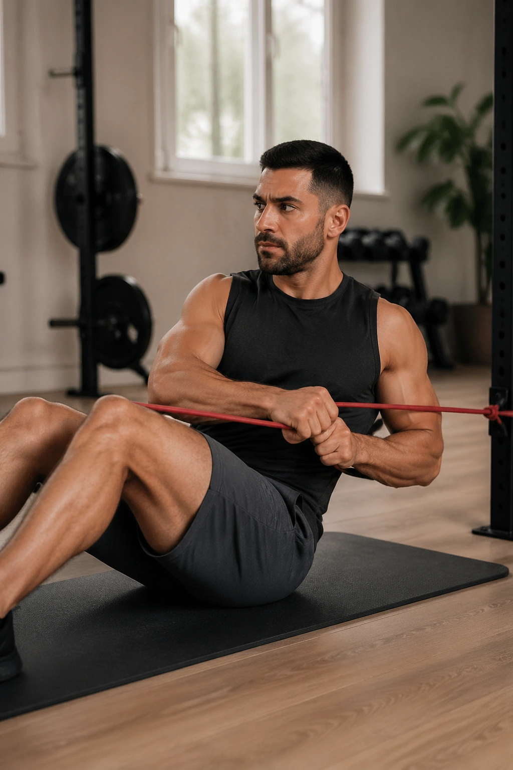 Medium close-up of a person twisting with a resistance band anchored to the side