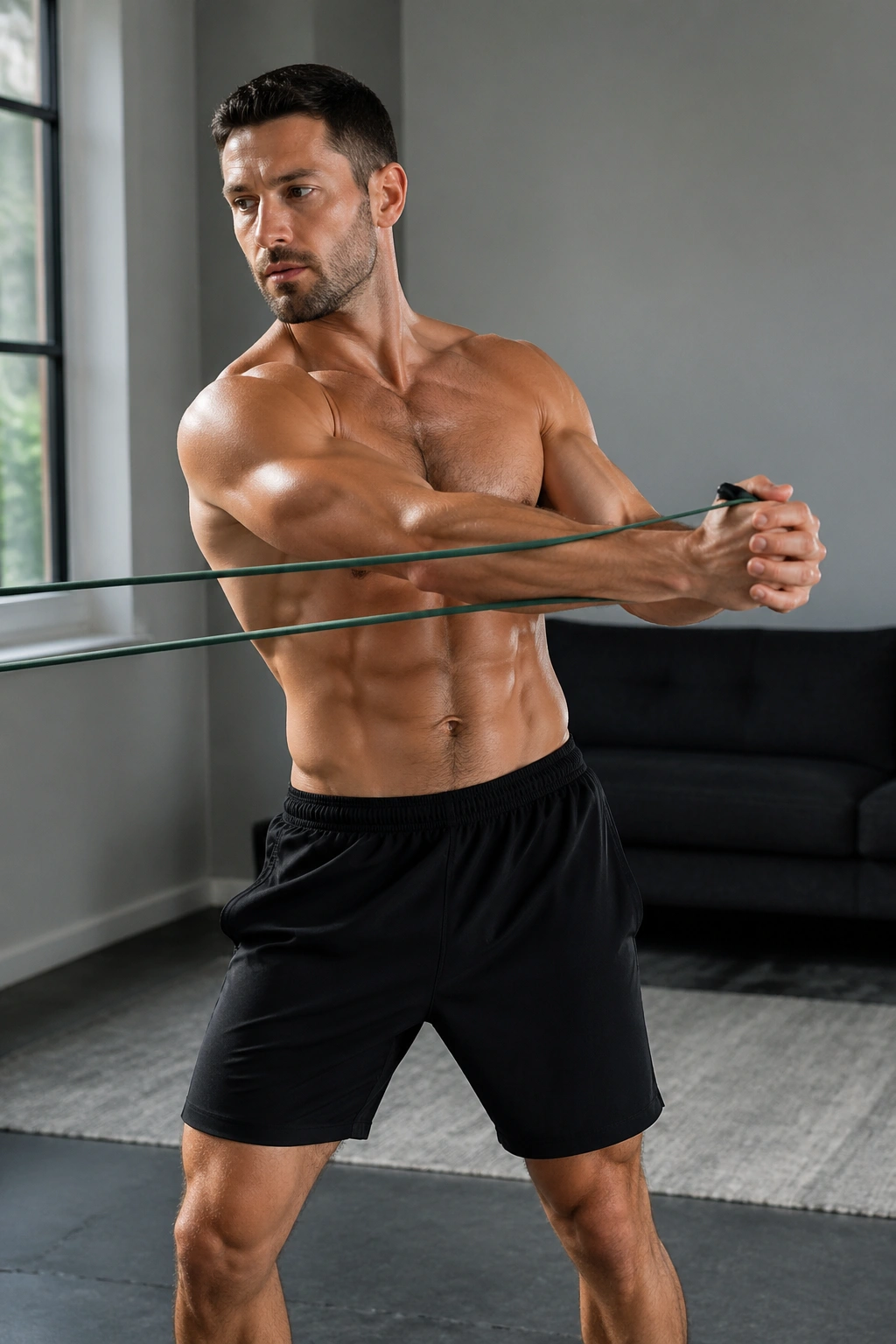 Person performing resistance band woodchops in a home gym-like space