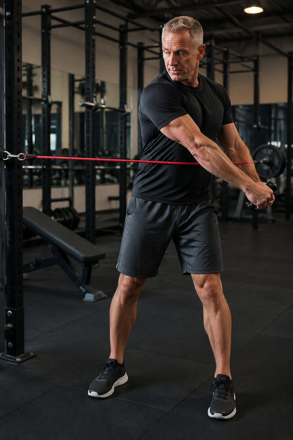 Side view of a person performing resistance band woodchops with controlled rotation