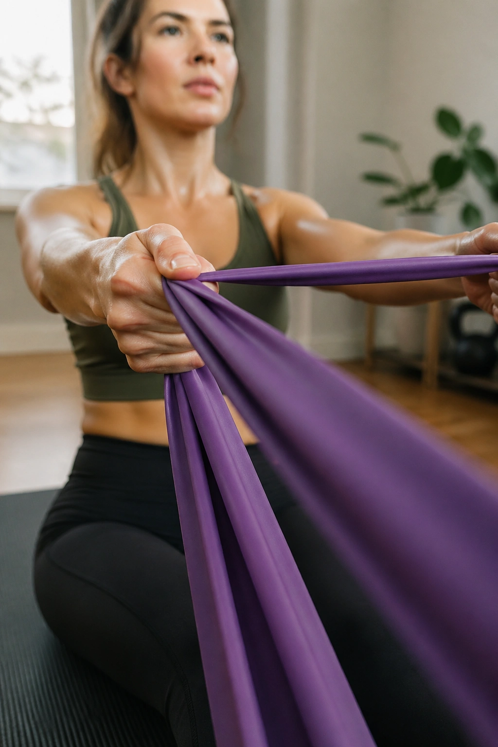 Person holding a resistance band during a row exercise at home