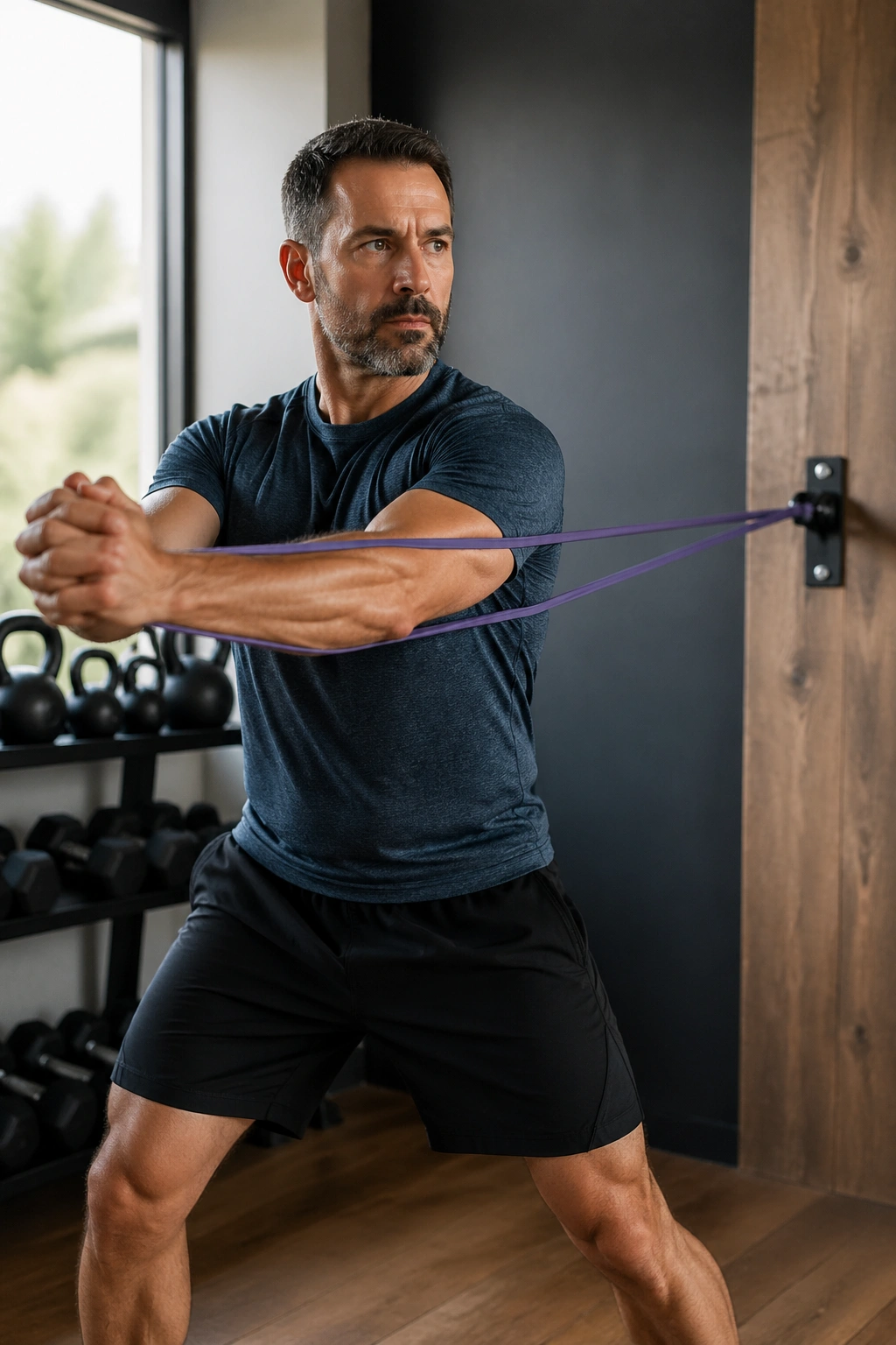 Real person performing Pallof press with resistance band in gym, medium close-up