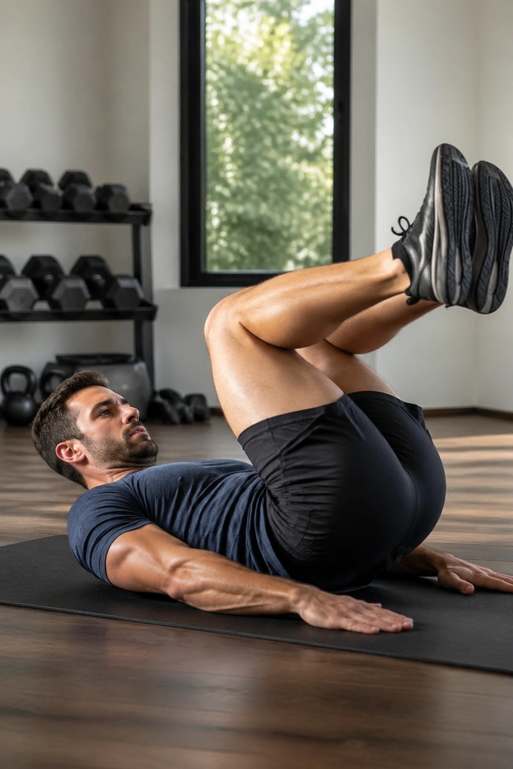 Real person performing reverse crunch on a mat