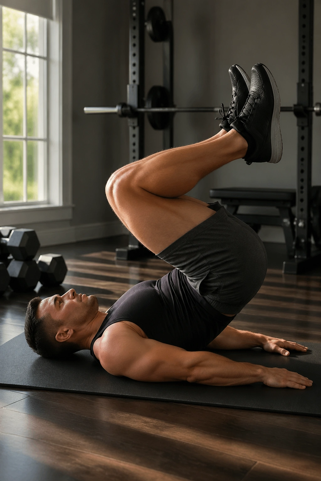 Reverse crunch sit-up on a mat with hips lifted and pelvis tucked.