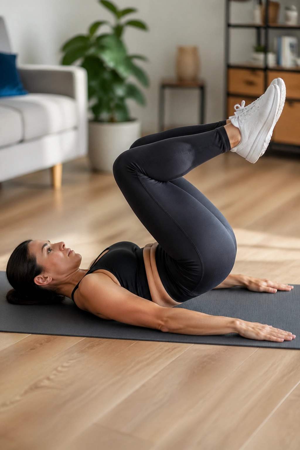 Close-up of a person performing reverse crunches on a mat at home.