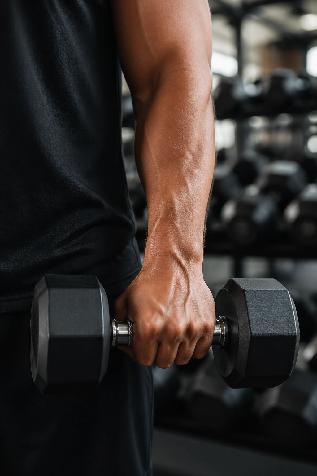 Close-up forearm and hand performing a reverse dumbbell curl in a gym