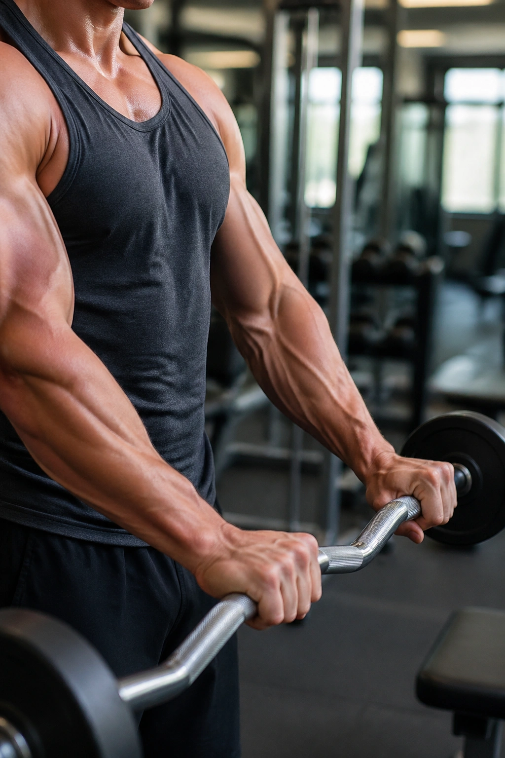 Forearm-focused shot showing a reverse curl with an EZ-bar.