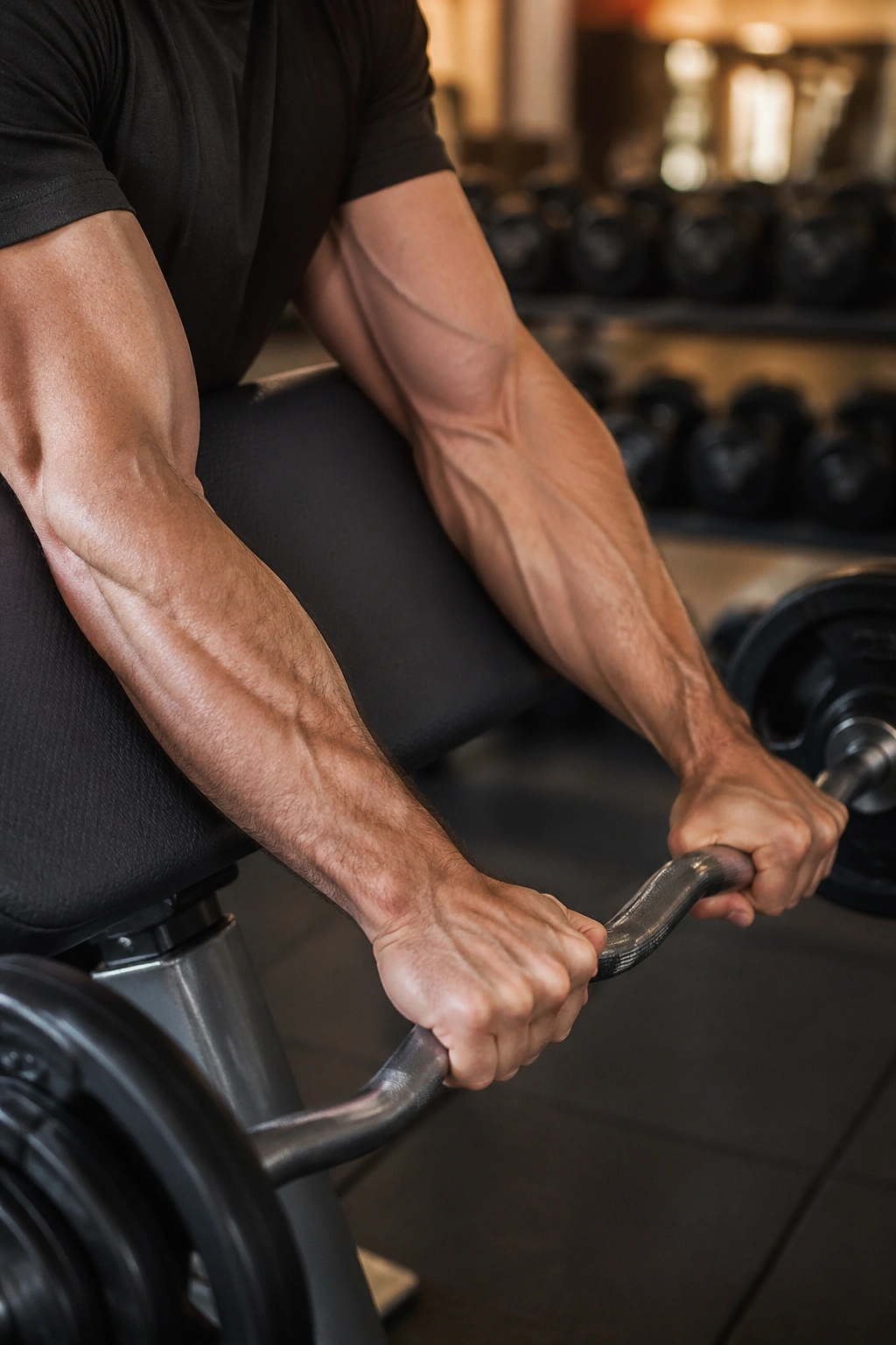 Close-up of forearms gripping an EZ-bar in reverse curl, highlighting forearm muscles