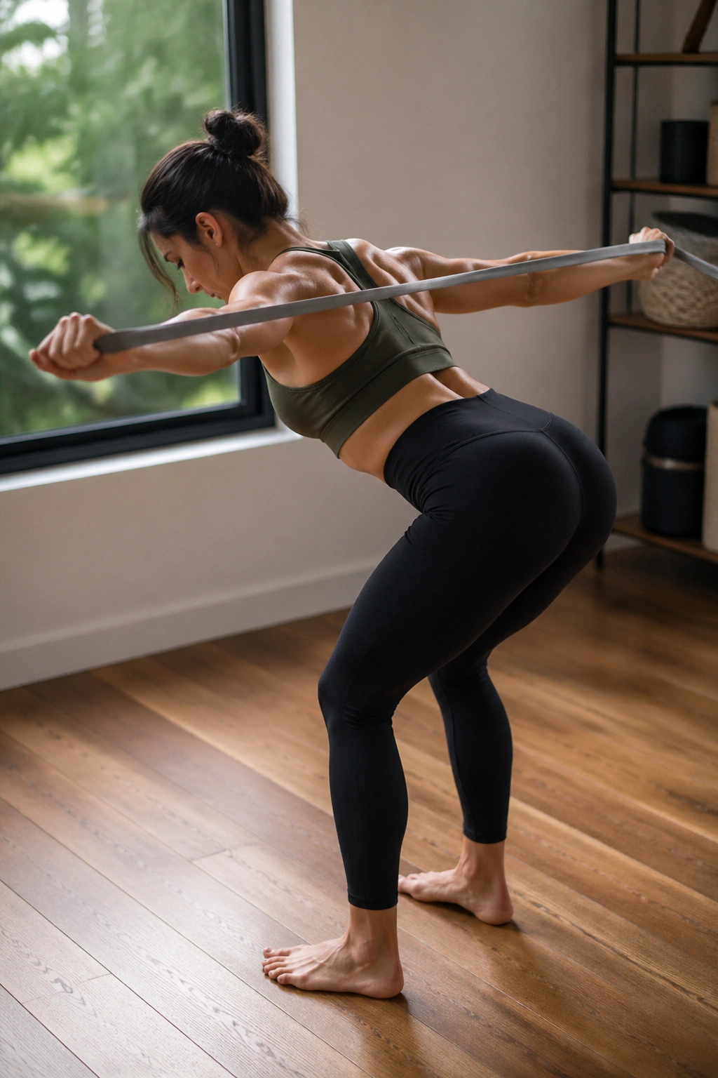 Side profile of bent-over reverse fly with band