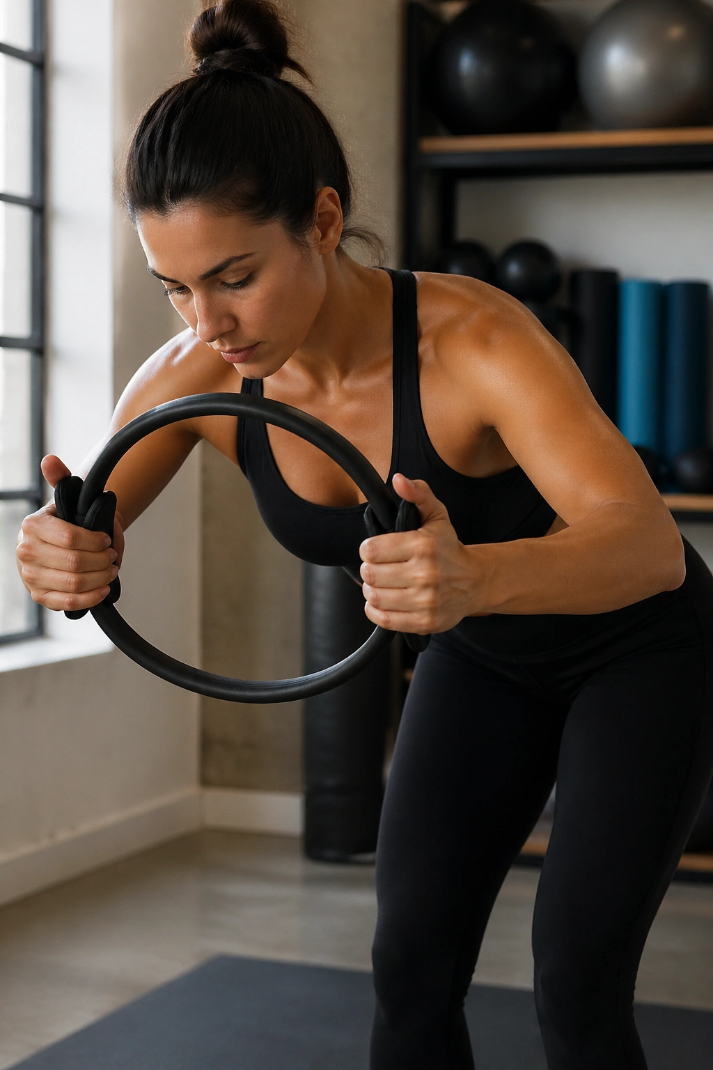 Close-up of a real person performing Reverse Fly Hold with a Pilates ring.