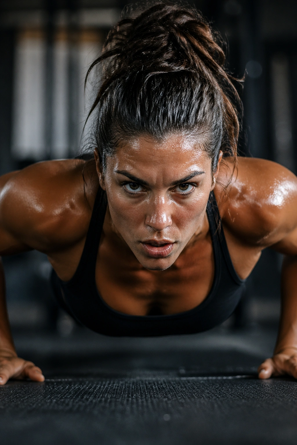 Close-up of athlete performing burpee in gym, intense expression and sweat