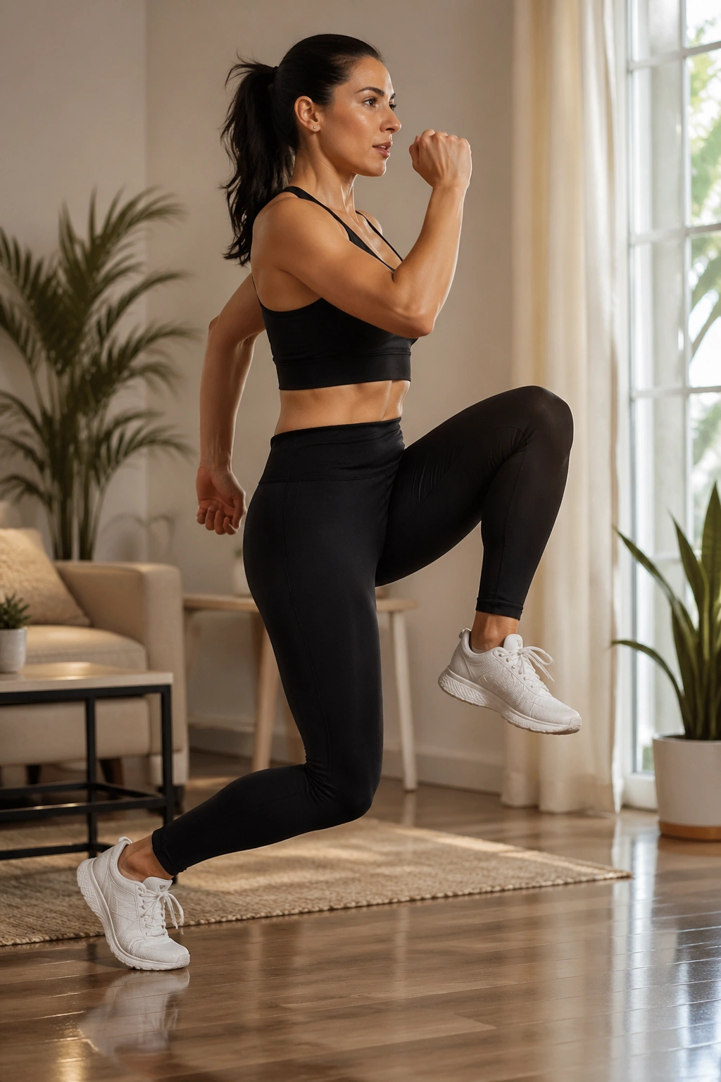 Person performing reverse lunge drive in a home setting