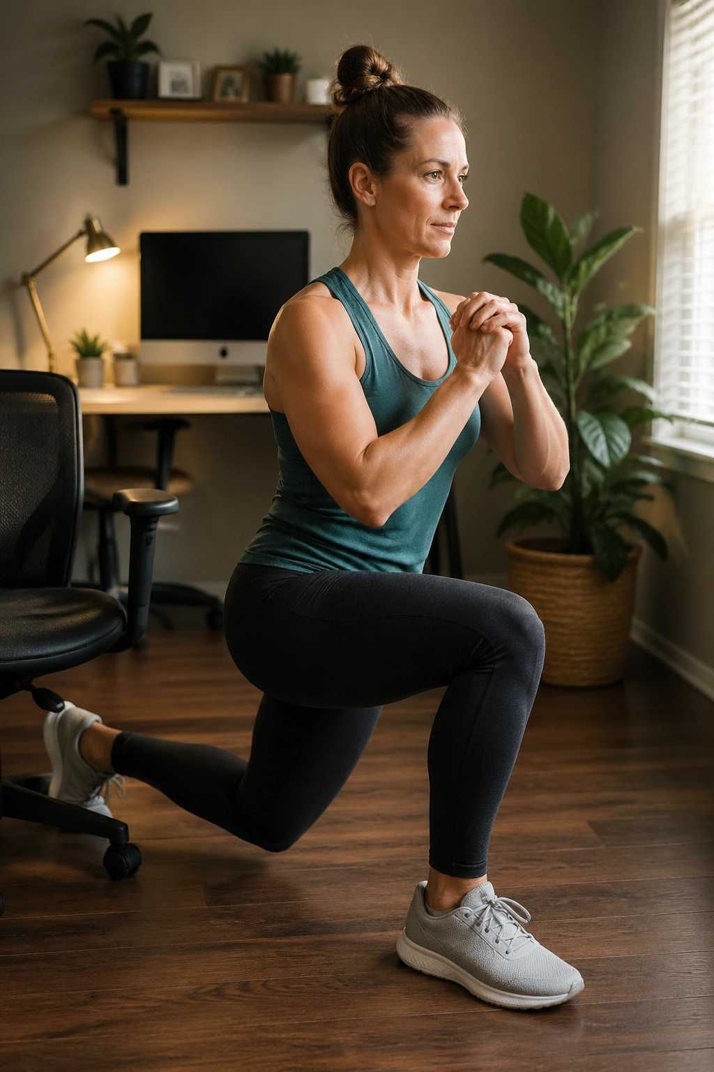 Person performing a reverse lunge behind a chair in a home setting