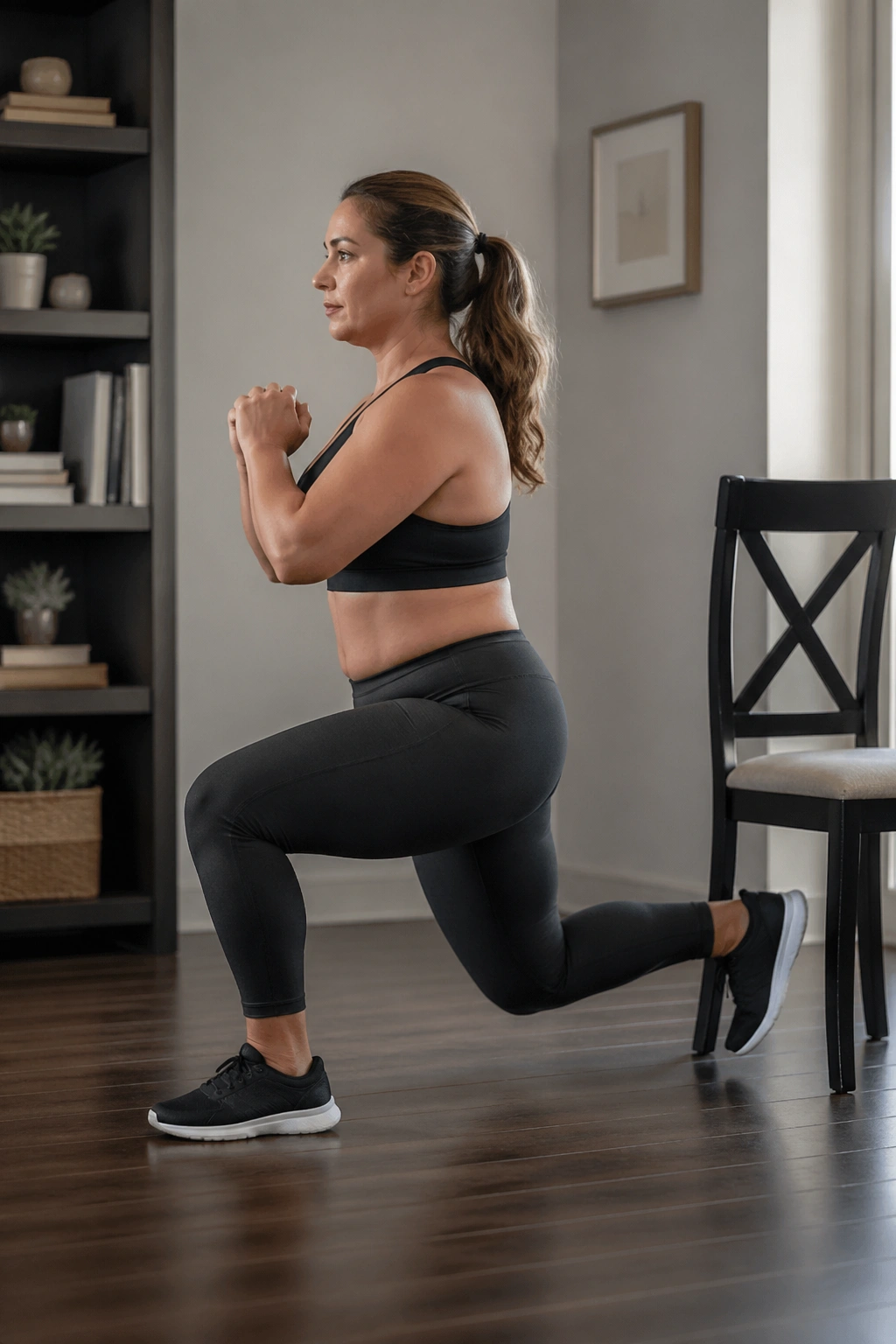 Side-profile of a real person performing reverse lunge to a chair in a home setting