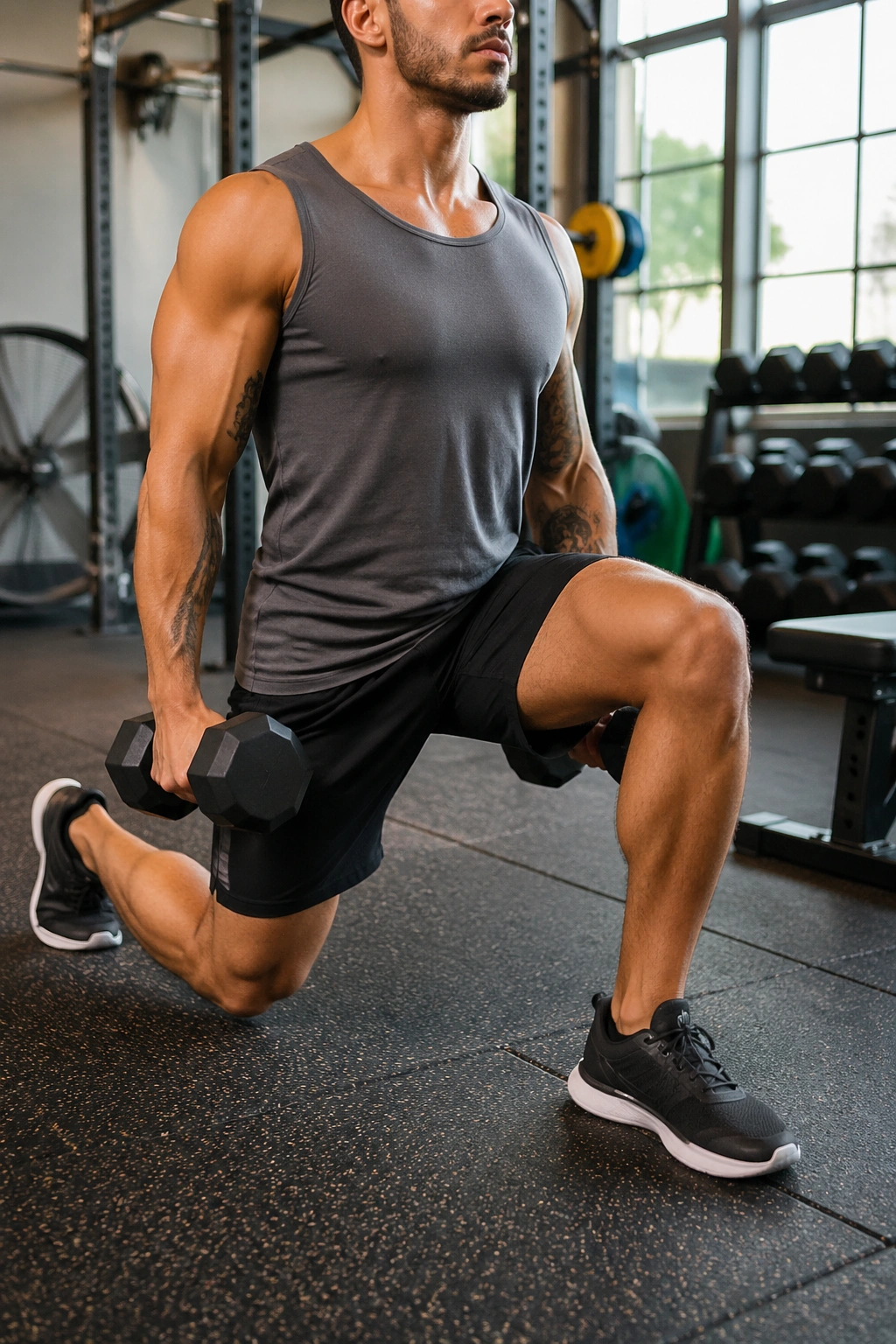 Angled view of lifter doing reverse lunge