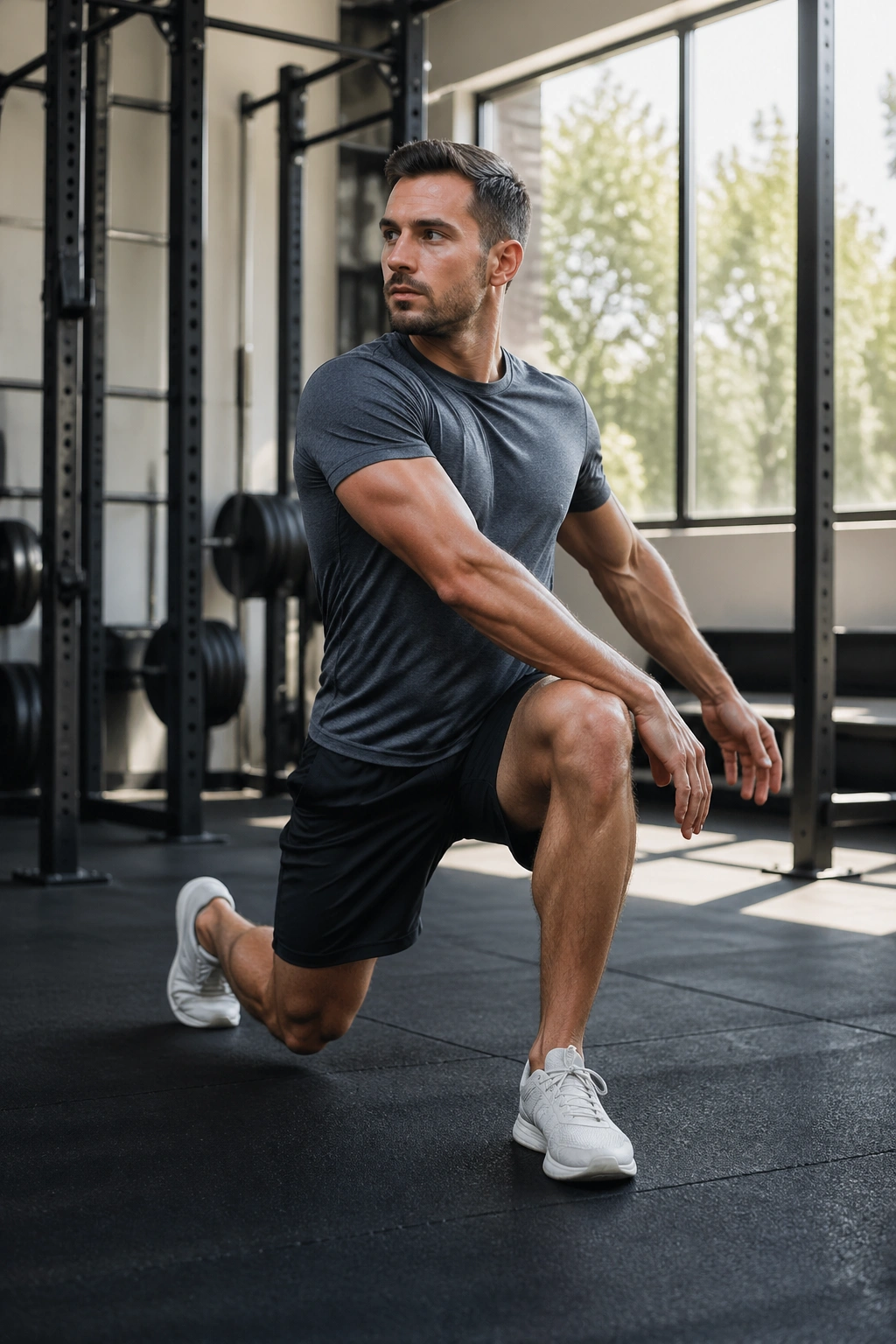 Full-body reverse lunge with torso rotation highlighting hip opening