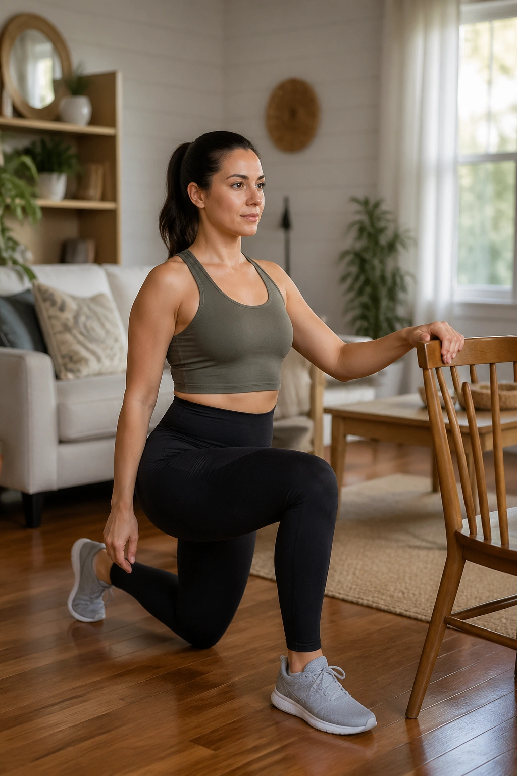 Medium-shot of a person performing a reverse lunge with a chair for balance in a cozy home living room