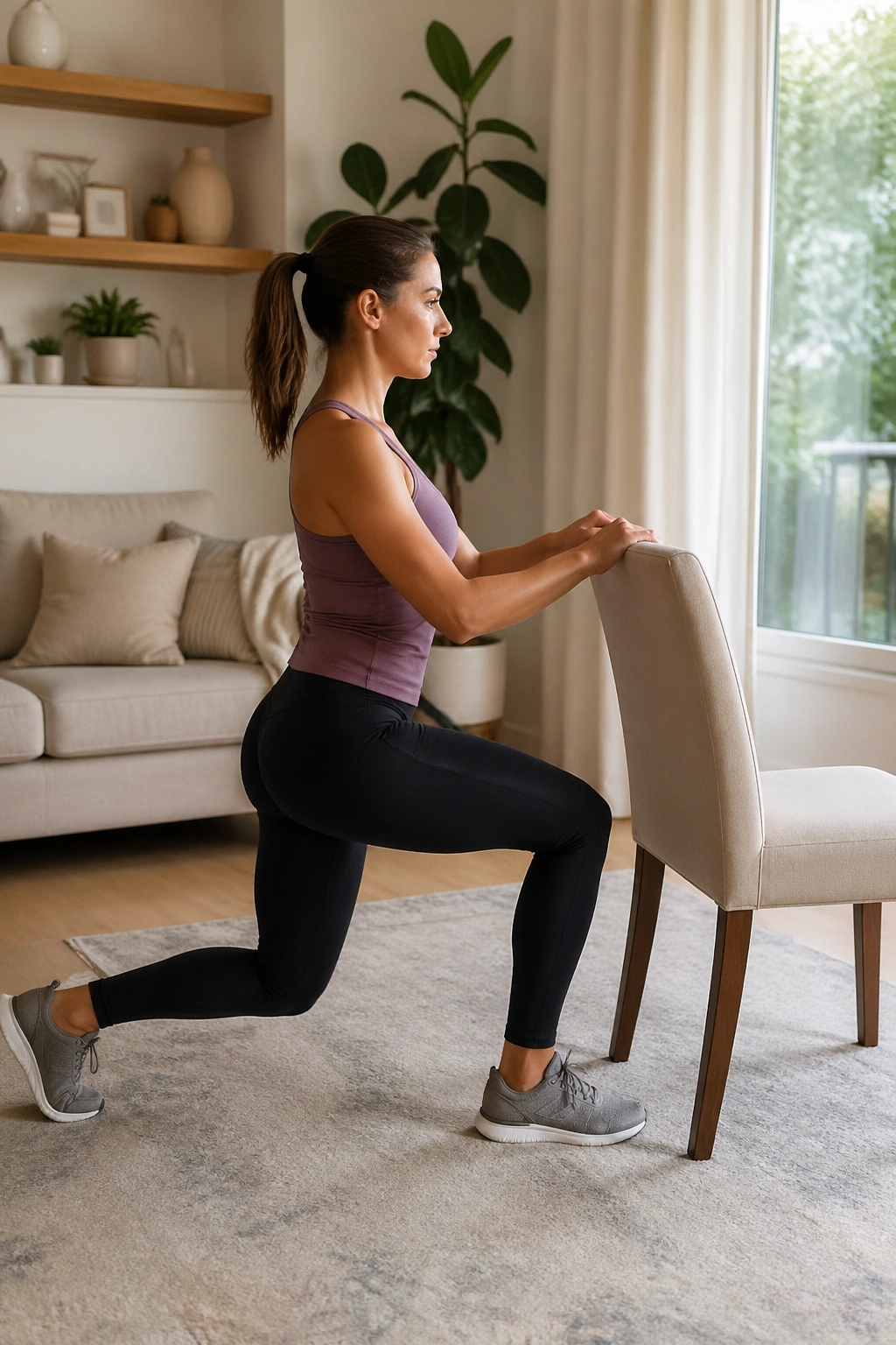 Person performing reverse lunge with chair support in a bright home