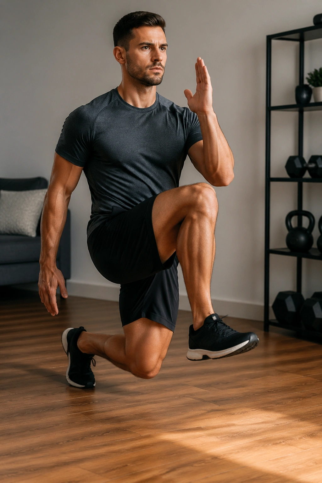 Close-up of a fit man performing a reverse lunge with knee drive in a home gym