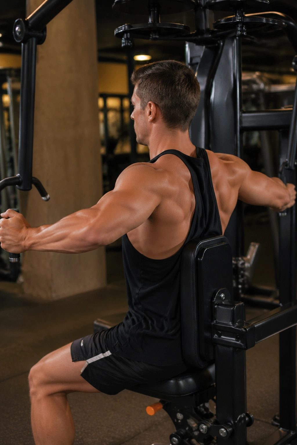 Person performing reverse pec deck fly, shoulders pulled back in a gym setting.