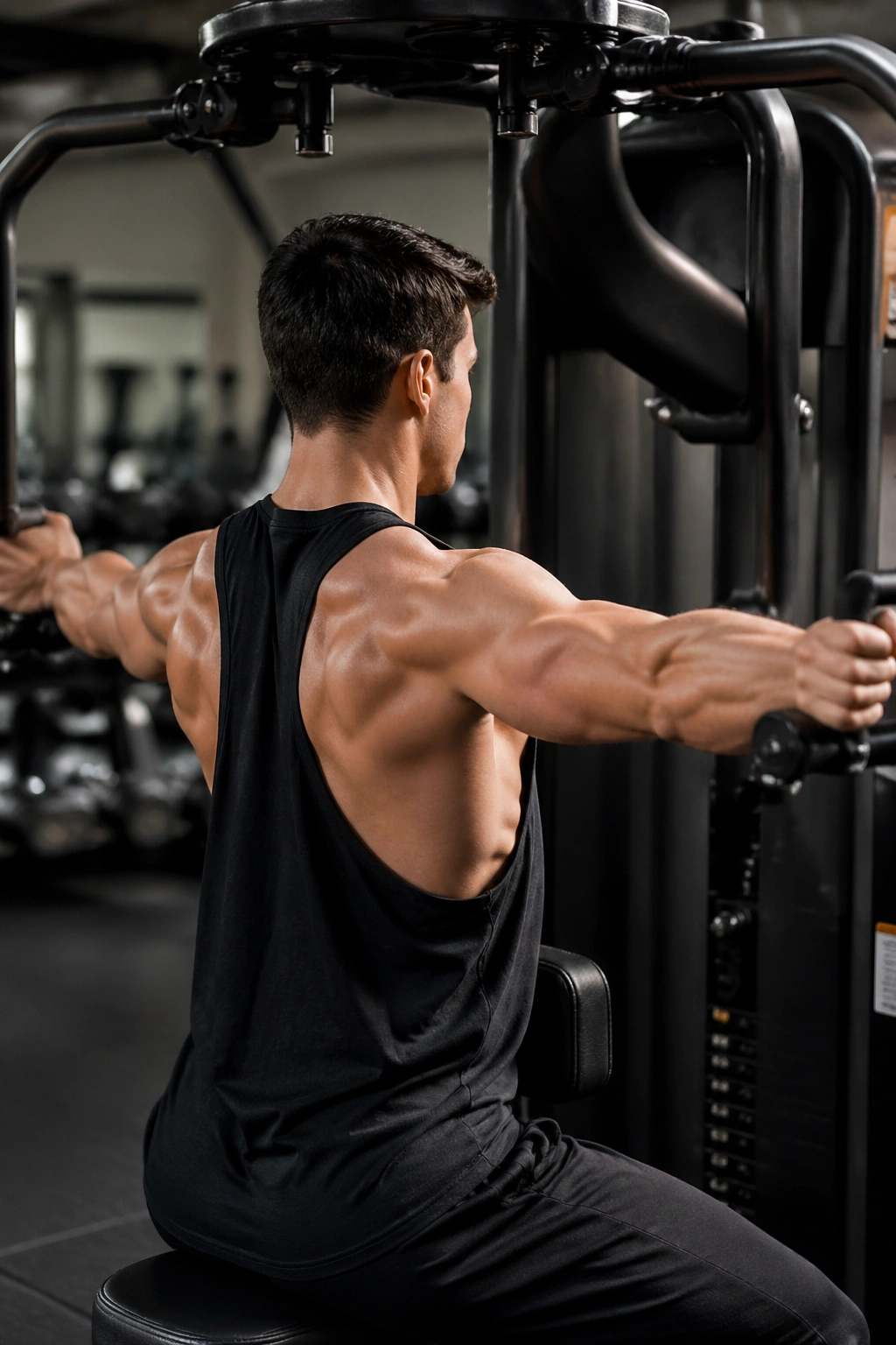 Close-up of athlete performing reverse pec deck flyes highlighting rear delts