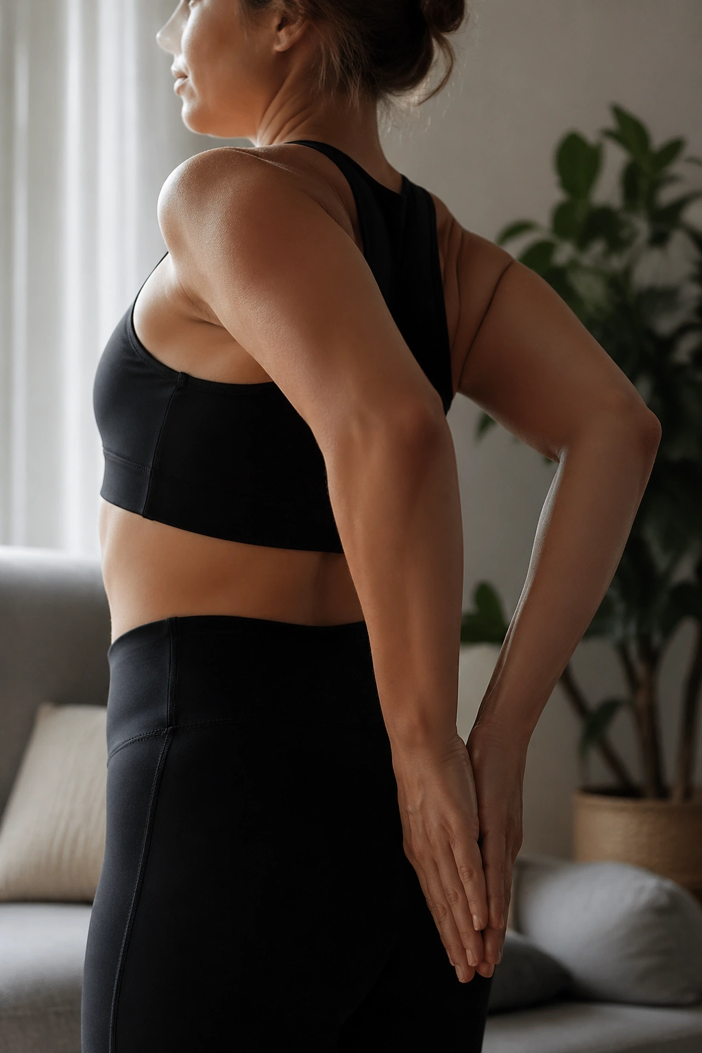Close-up of hands behind the back in reverse prayer stretch