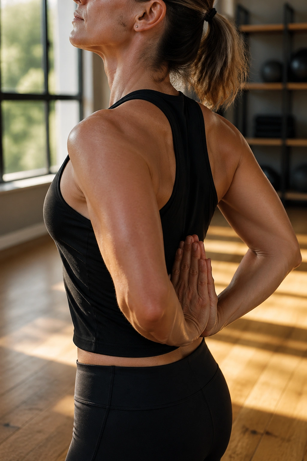 Close-up of a real person performing reverse prayer stretch behind the back with hands near sacrum