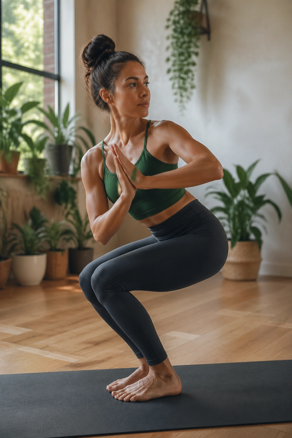 Real person in revolved chair pose demonstrating standing twist and core engagement