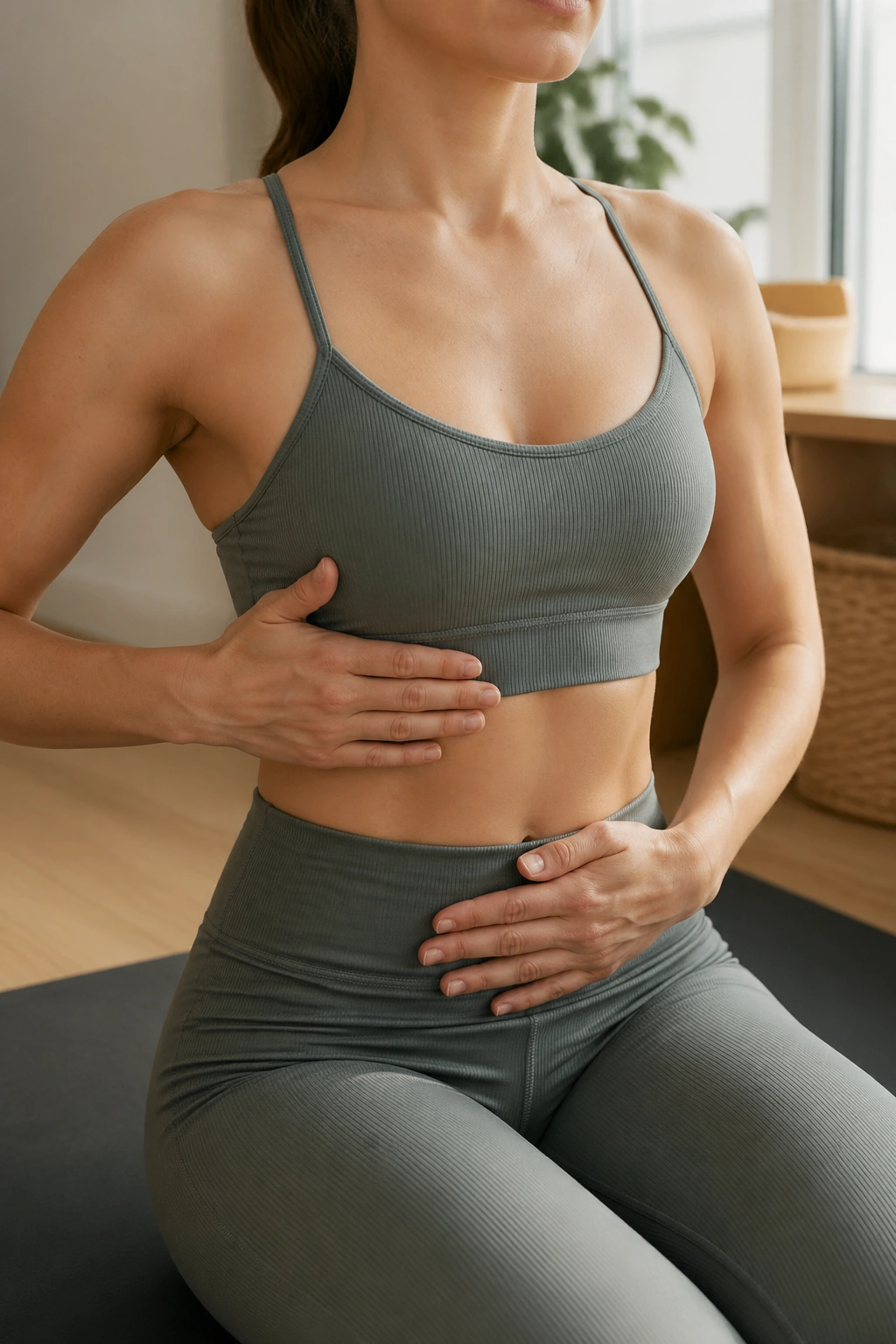 Close-up of torso showing Pilates rib expansion during breathing on a mat
