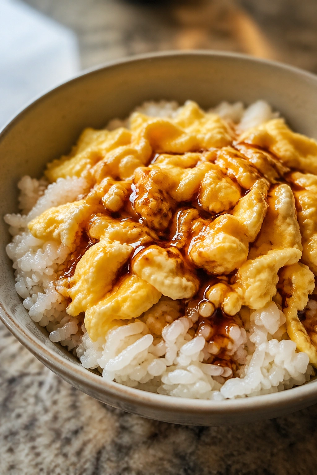 Close-up of a savory rice bowl with eggs and soy sauce in a kitchen