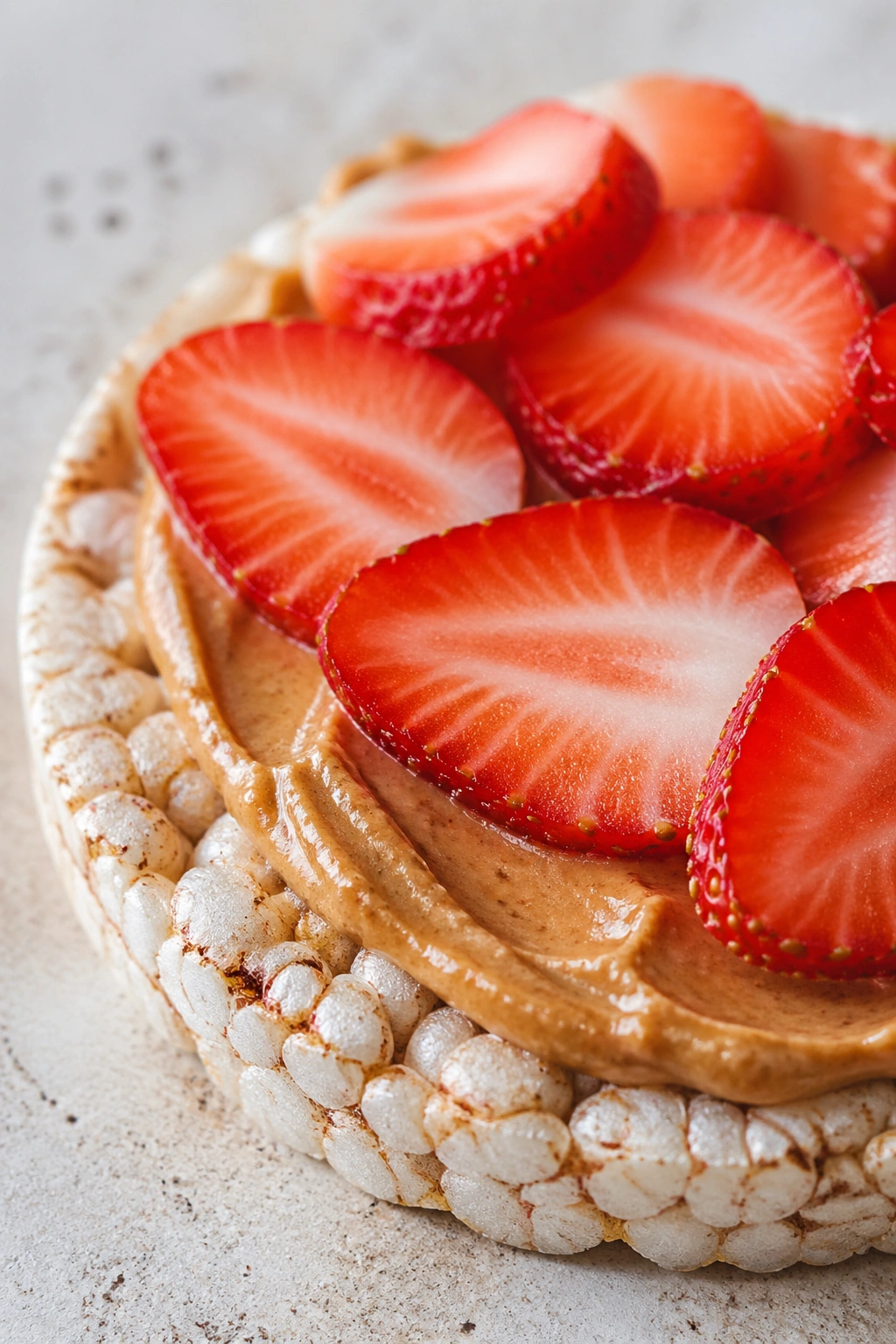Close-up of a rice cake with almond butter and strawberries on a wooden board