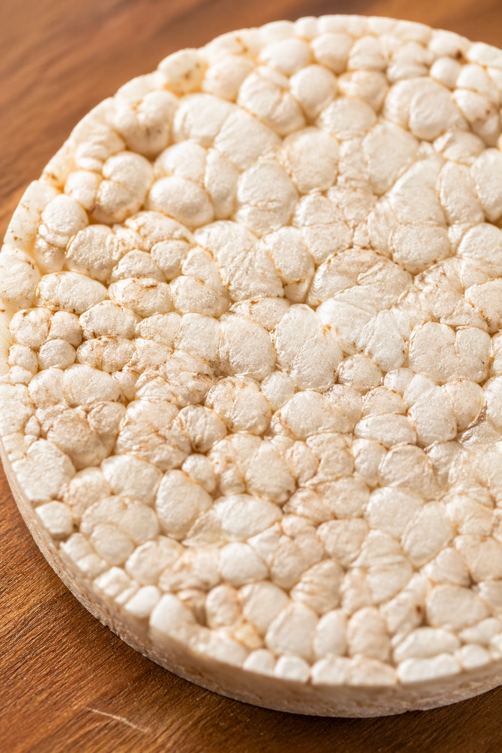 Close-up of a single plain rice cake on a wooden surface