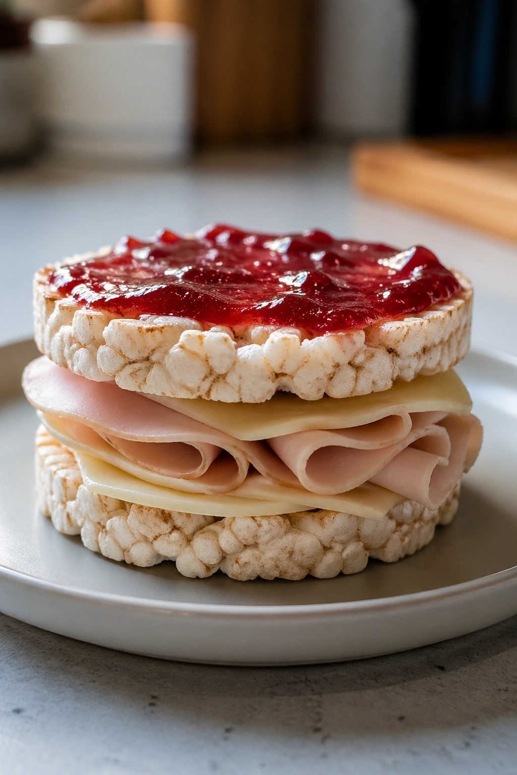 Close-up of rice cake stack with turkey, jam, and cheese on a plate in a kitchen