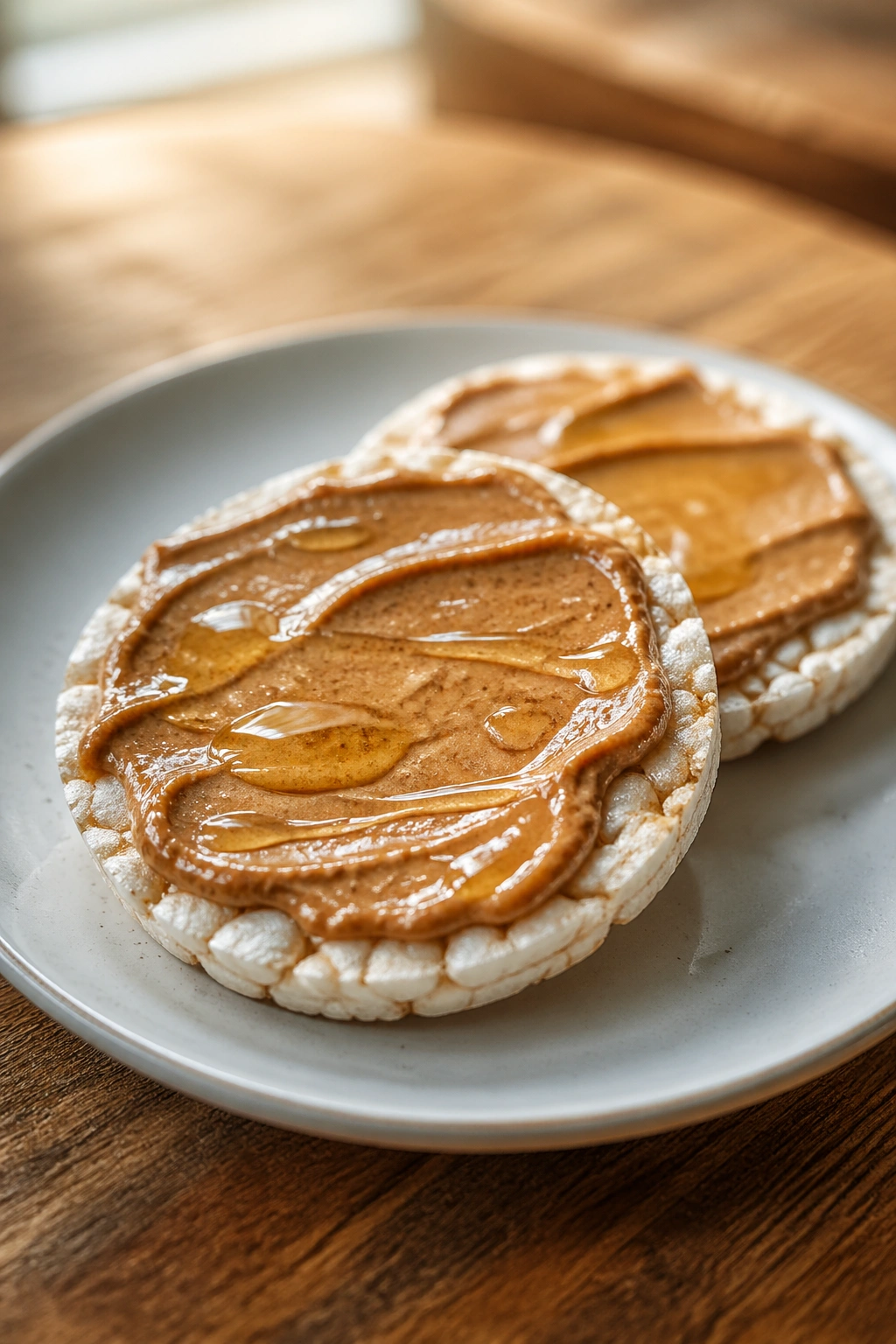 Close-up of rice cakes with almond butter and honey on a plate