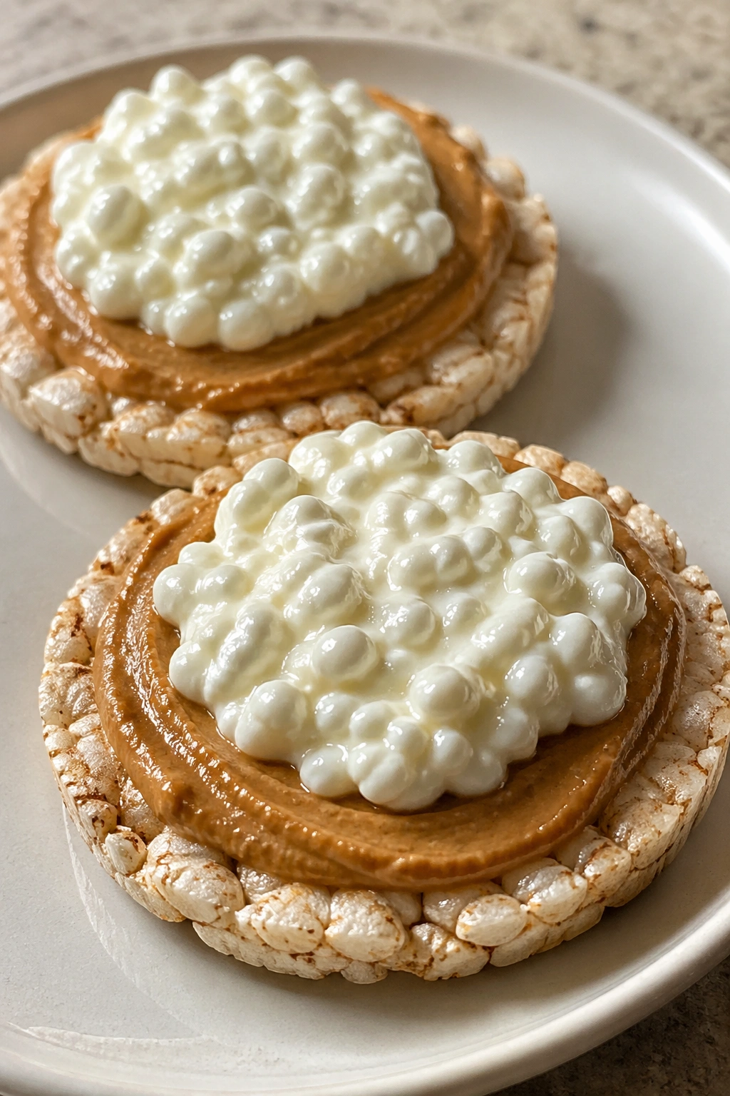 Close-up of rice cakes with almond butter and cottage cheese on a plate