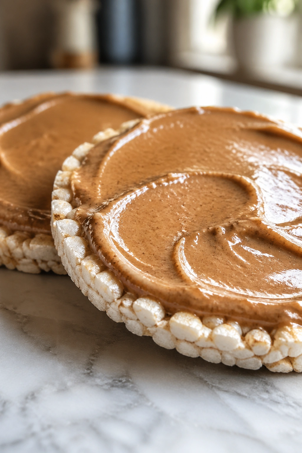 Rice cakes with almond butter on a plate