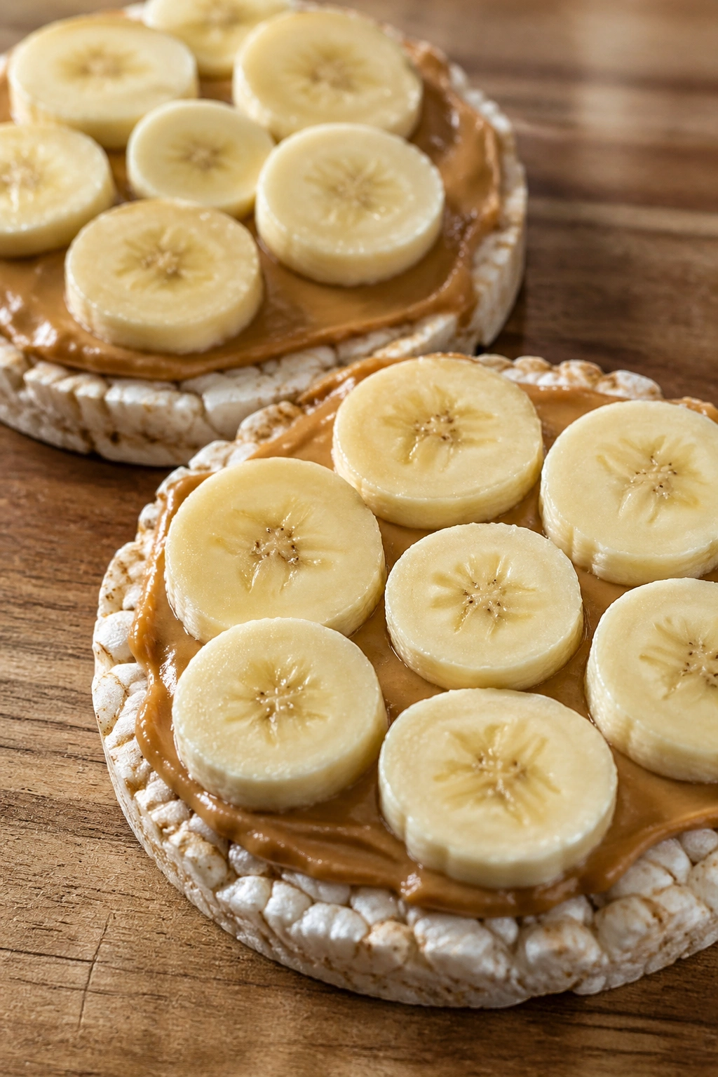 Rice cakes with almond butter and banana slices on a cutting board