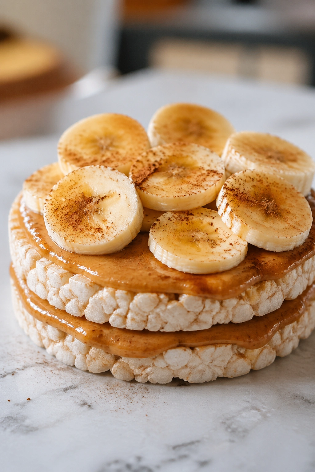 Rice cakes with almond butter and banana slices stacked