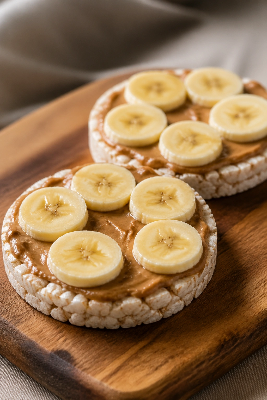 Close-up of rice cakes with almond butter and banana slices on a wooden board