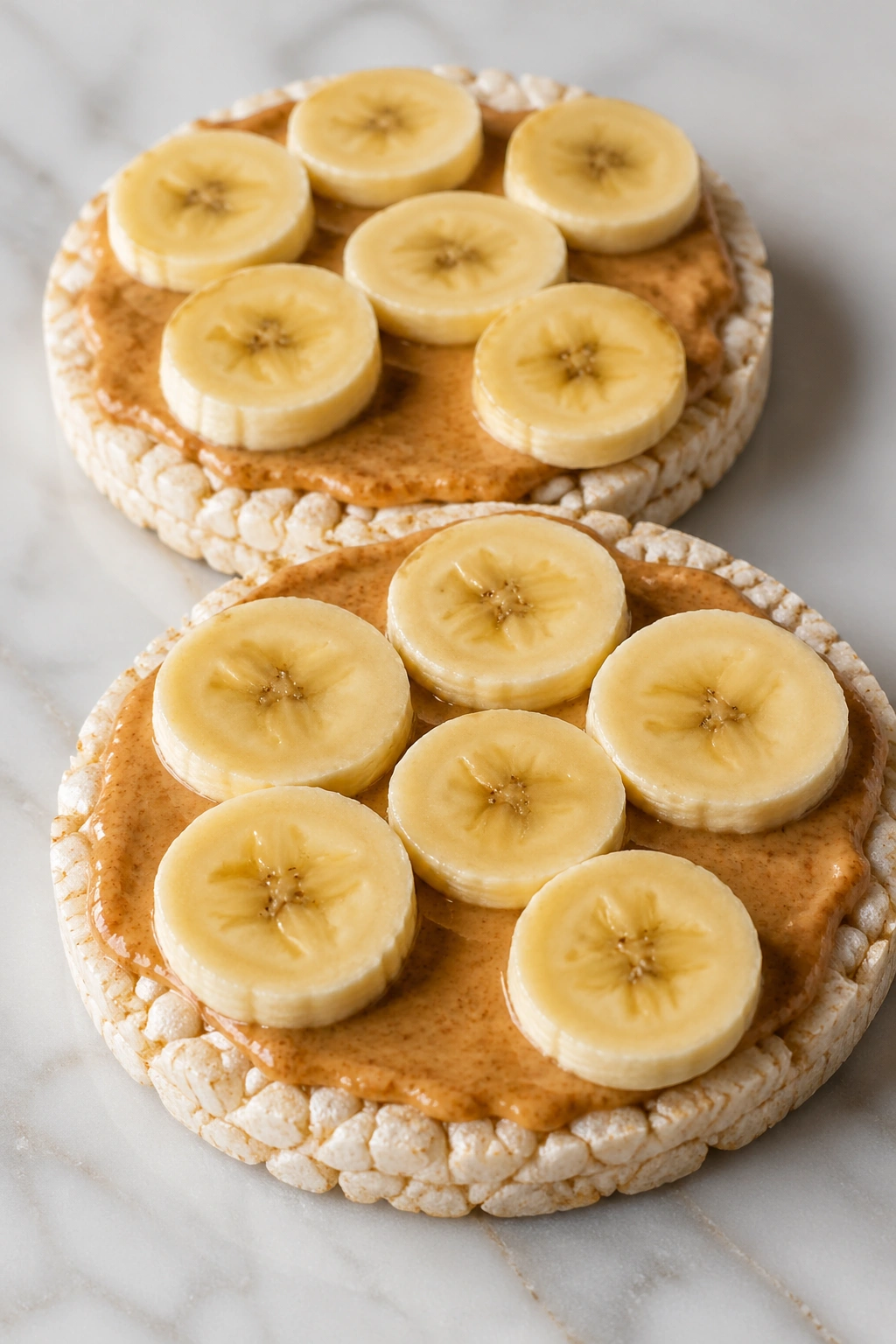 Rice cakes with almond butter and banana slices on a light counter