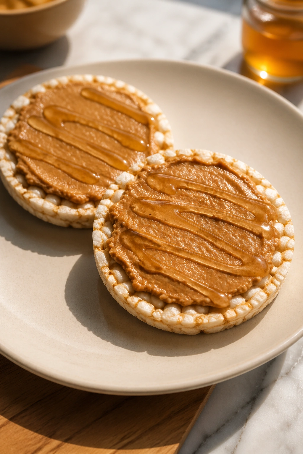 Rice cakes with almond butter and honey on a plate